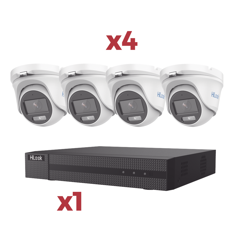 [Kit] DVR 4 Canales TurboHD + 1 Canal IP / 2 Megapixel (1080pLite) / AcuSense Lite / Audio por coaxitron / 1 Bahia de disco duro / 4 Cámaras Metalicas / 2 Megapixel tipo turret / ColorVu Lite + Microfono Integrado