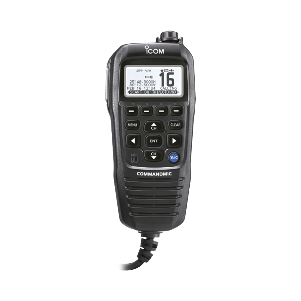 Micrófono comando color negro y pantalla en fondo blanco para serie IC-M510, IC-M424G e IC-M605