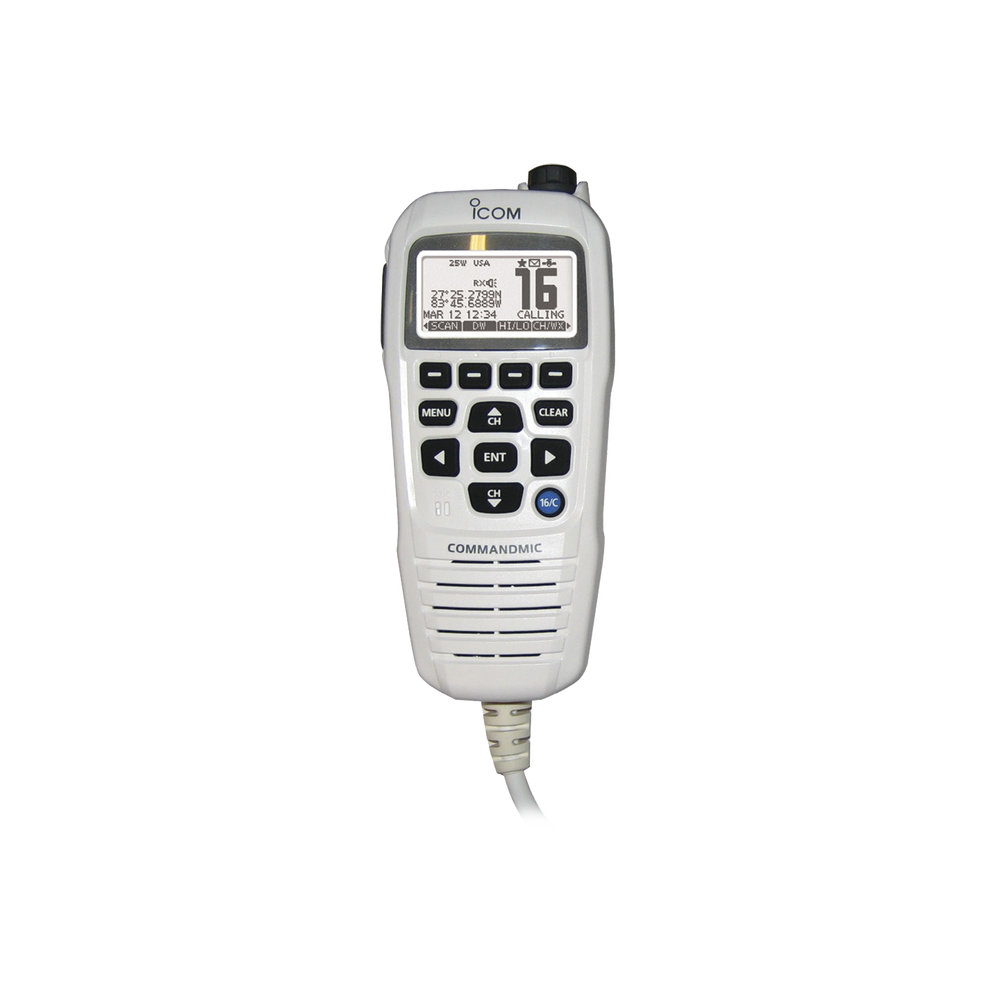 Micrófono comando color blanco y pantalla en fondo blanco para serie IC-M510, IC-M424G e IC-M605