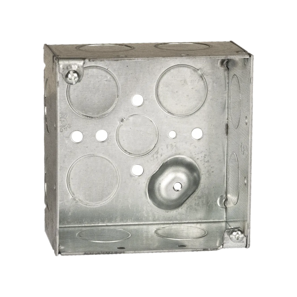 Caja Cuadrada Galvanizada de 4 x 4" / Profundidad 2 1/8 / 11 Entradas de 3/4" y 1 de 1/2".