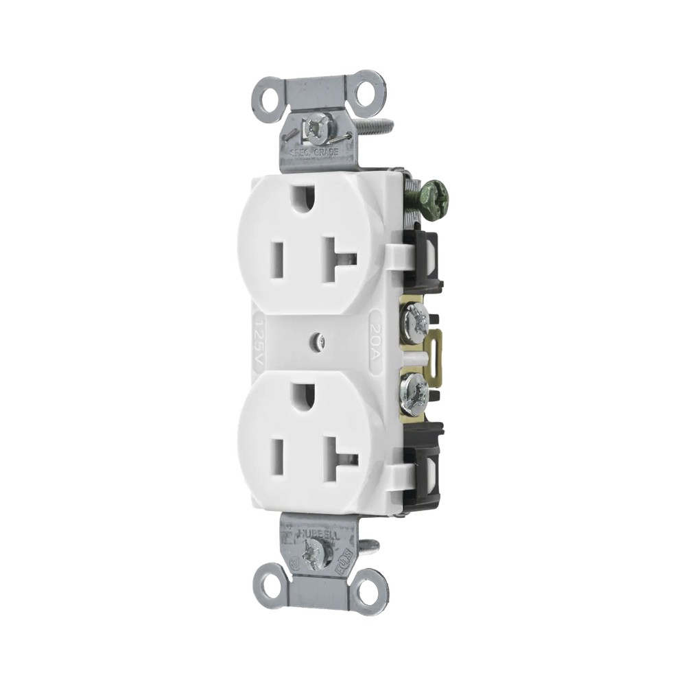Contacto Dúplex 20 A, 125 V,  2 Polos, 3 Hilos, Cableado Posterior y  Lateral, Color Blanco (Nema 5-20R).