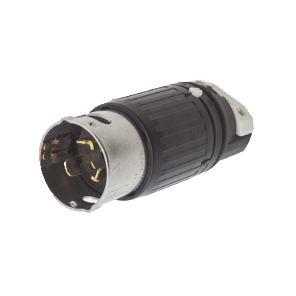 Enchufe Macho con Bloqueo de Media Vuelta Trifásico / 50 A 250 VCA 3 Fases / 3 Polos 4 Hilos / Grado Industrial / Color Negro y Blanco.