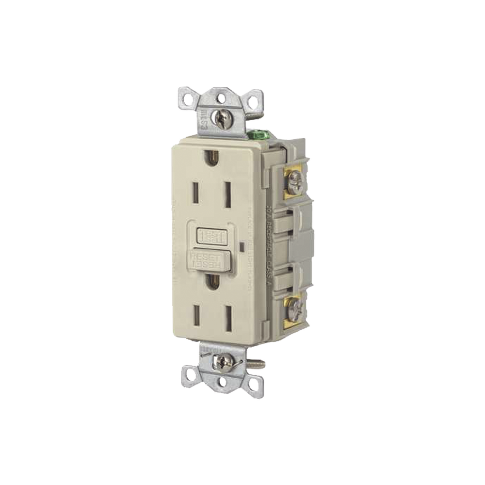 Contacto de Auto-verificación GFCI con Interruptor de Falla a Tierra de 15 A 125 V 2 Polos/ Color Marfil / Nema 5-15R / Grado Industrial Comercial.