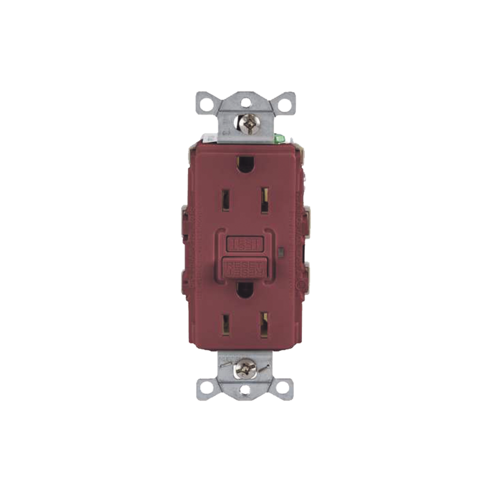 Contacto de Auto-verificación GFCI con Interruptor de Falla a Tierra de 15 A 125 V 2 Polos/ Color Rojo / Nema 5-15R / Grado Industrial Comercial.