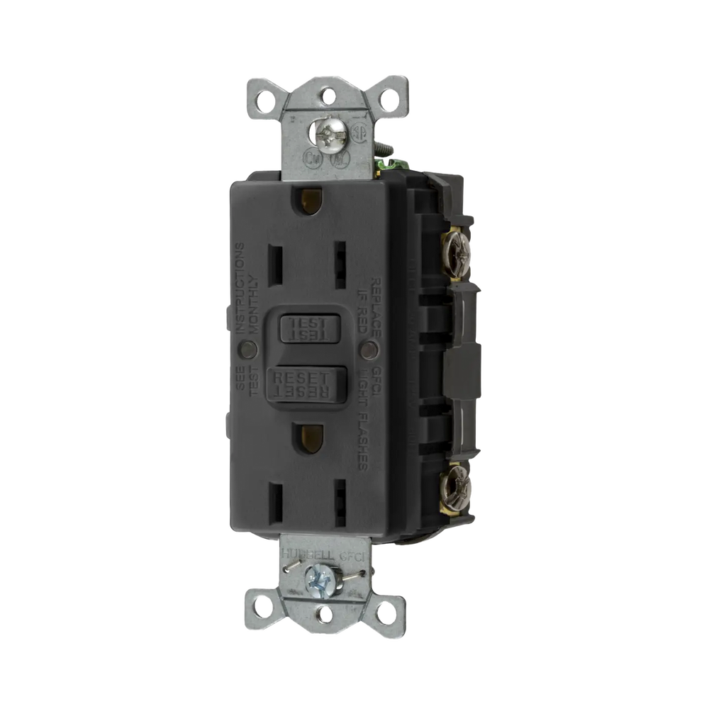 Contacto de Auto-verificación GFCI con Interruptor de Falla a Tierra de 15 A 125 V 2 Polos, 3 Hilos Color Negro (Nema 5-15R), Grado Comercial.