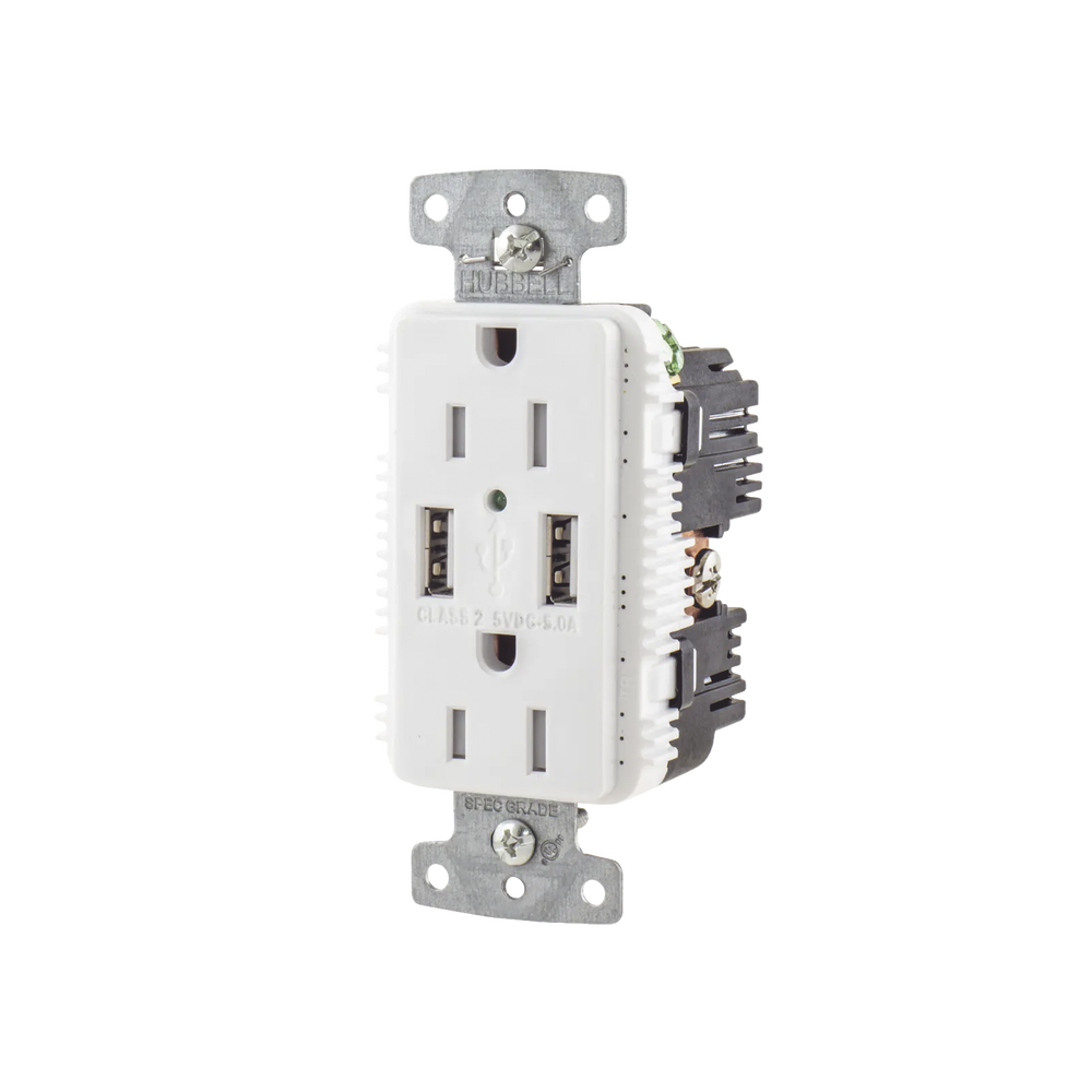 Contacto Dúplex con 2 Puertos USB, 15A 125V, 2 Polos, 3 Hilos, Color Blanco.
