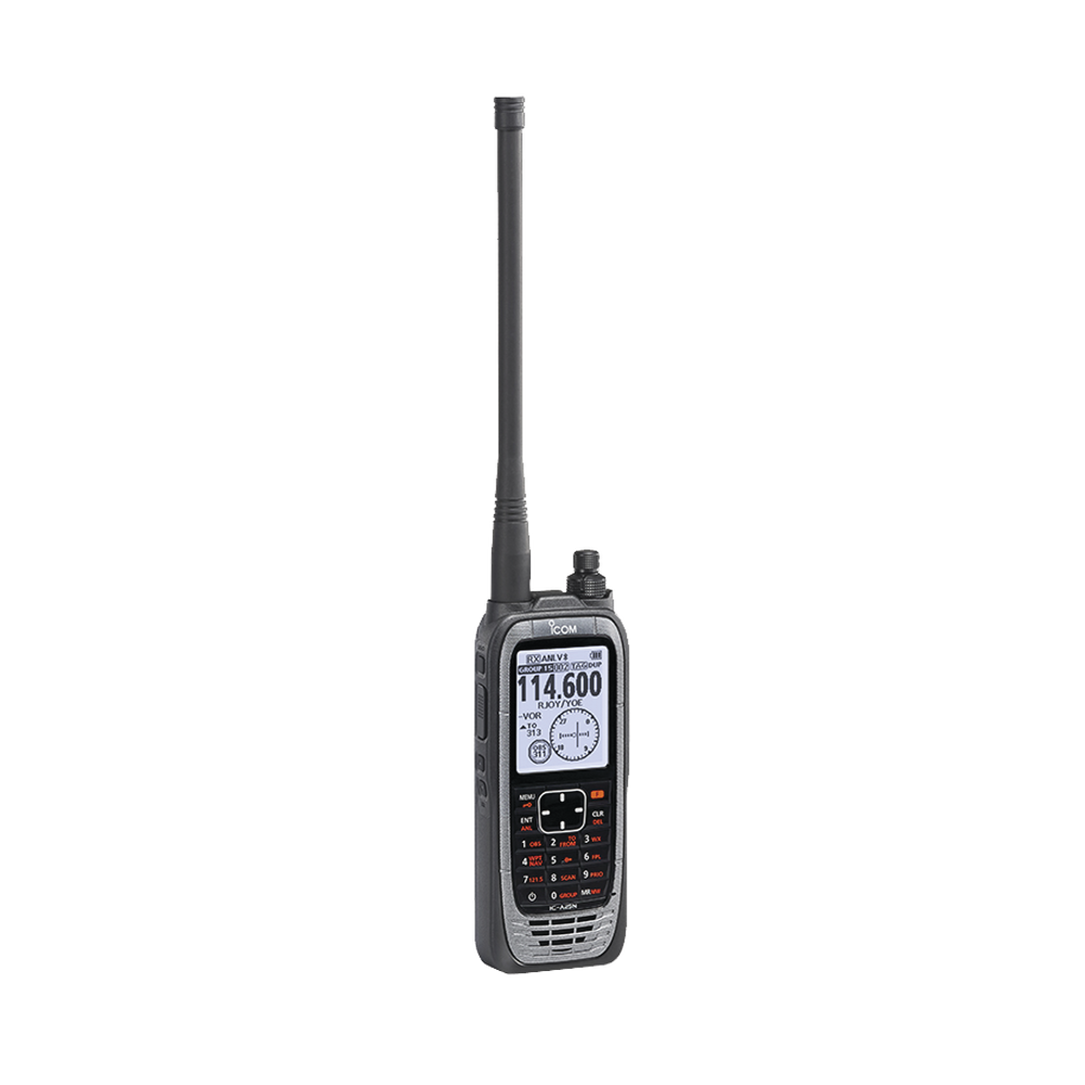 Radio portátil aéreo VHF con display de 2.3 pulgadas y teclado, 6W (PEP) de potencia, navegación, bluetooth y GPS, batería, cargador, antena y clip incluidos