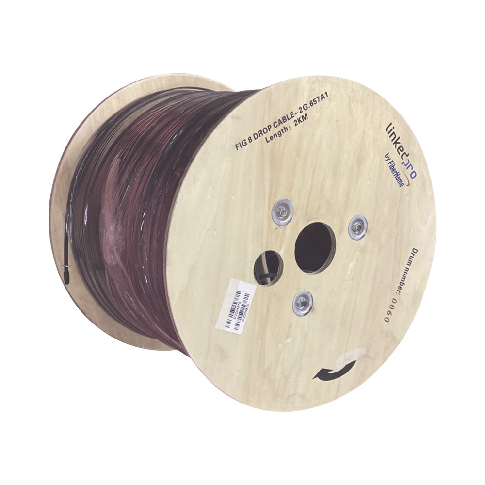 Carrete de 2 km de Fibra ?ptica A?rea Mini Figura 8 G.657A1 Tipo Drop, Monomodo de 2 Hilos (Bifibra), Dise?ada para Fusionarse, Color Negro, Span 80, (No Soporta Conectores Mec?nicos)