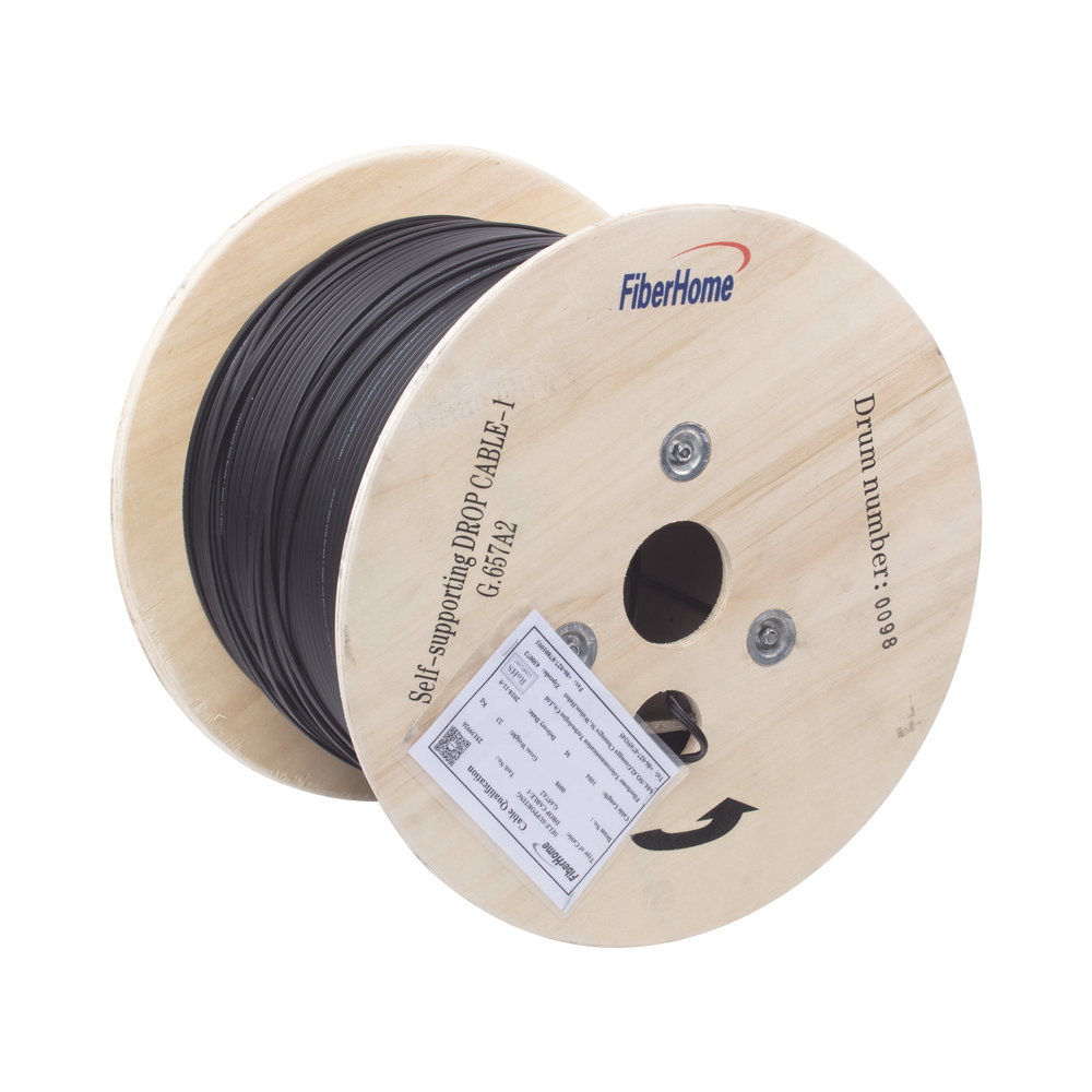 Carrete de 1 km de Fibra ?ptica A?rea Mini Figura 8 G.657A2 Tipo Drop, Monomodo de 1 Hilo (Unifibra), Color Negro, Span 80