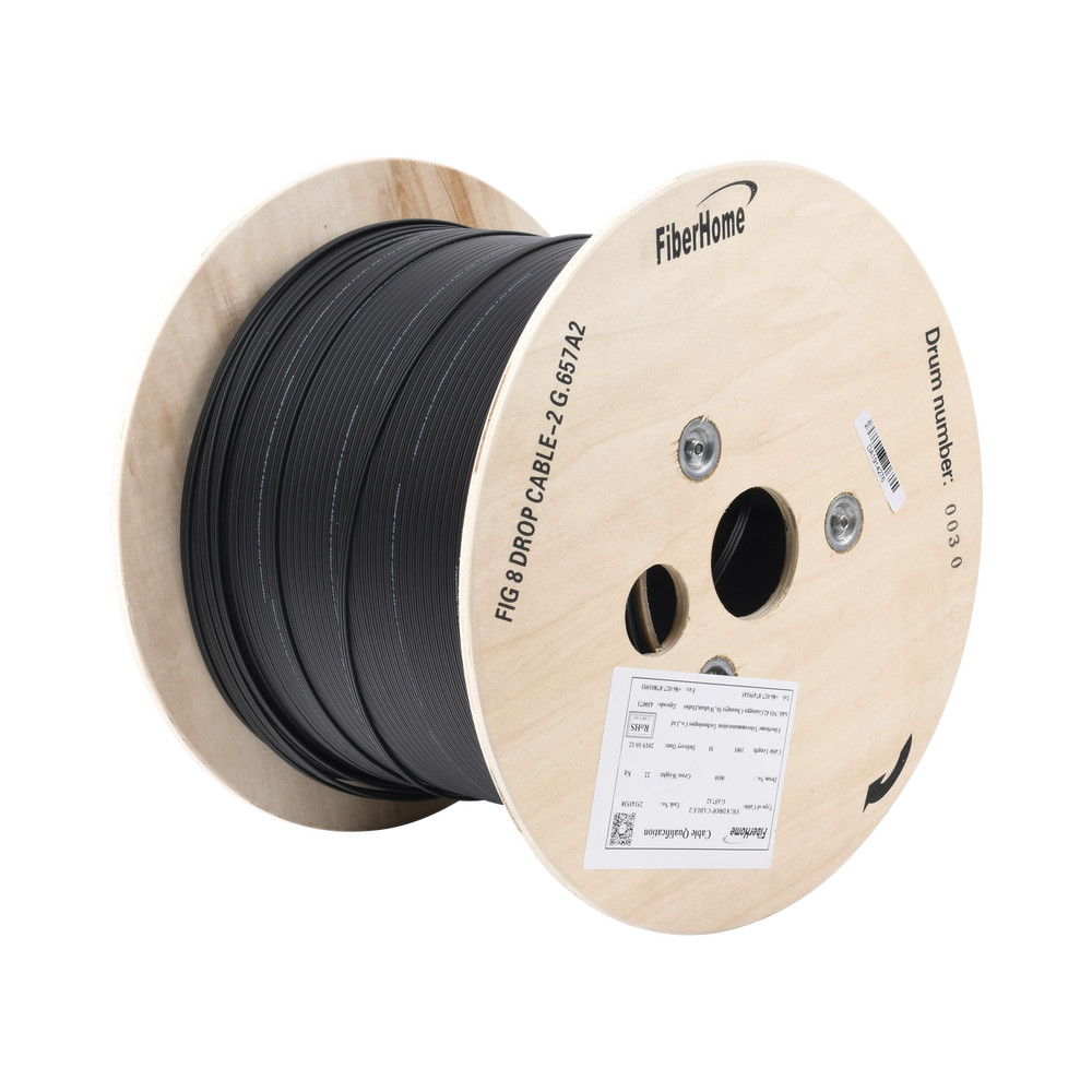 Carrete de 1 km de Fibra ?ptica A?rea Mini Figura 8 G.657A2 Tipo Drop, Monomodo de 2 Hilos (Bifibra), Dise?ada para Fusionarse, Color Negro, Span 80, (No Soporta Conectores Mec?nicos)