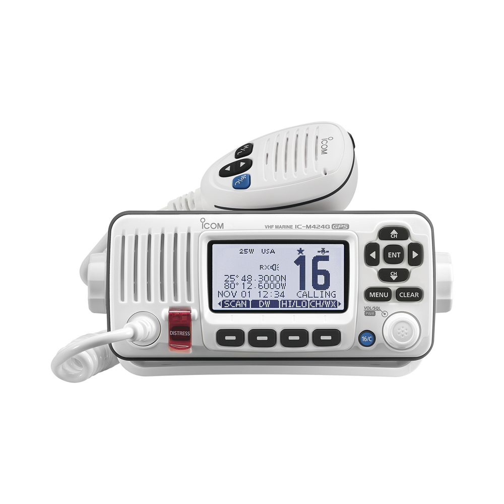 Radio Móvil Marino, color blanco, 25W, Tx:156.025-157.425MHz, Rx:156.050-163.275MHz, con GPS interconstruido, pantalla de matriz de puntos de fondo blanco, capacidad de llamada selectiva DSC, canales CAN,USA,INT incluye microfono, cable de alim..
