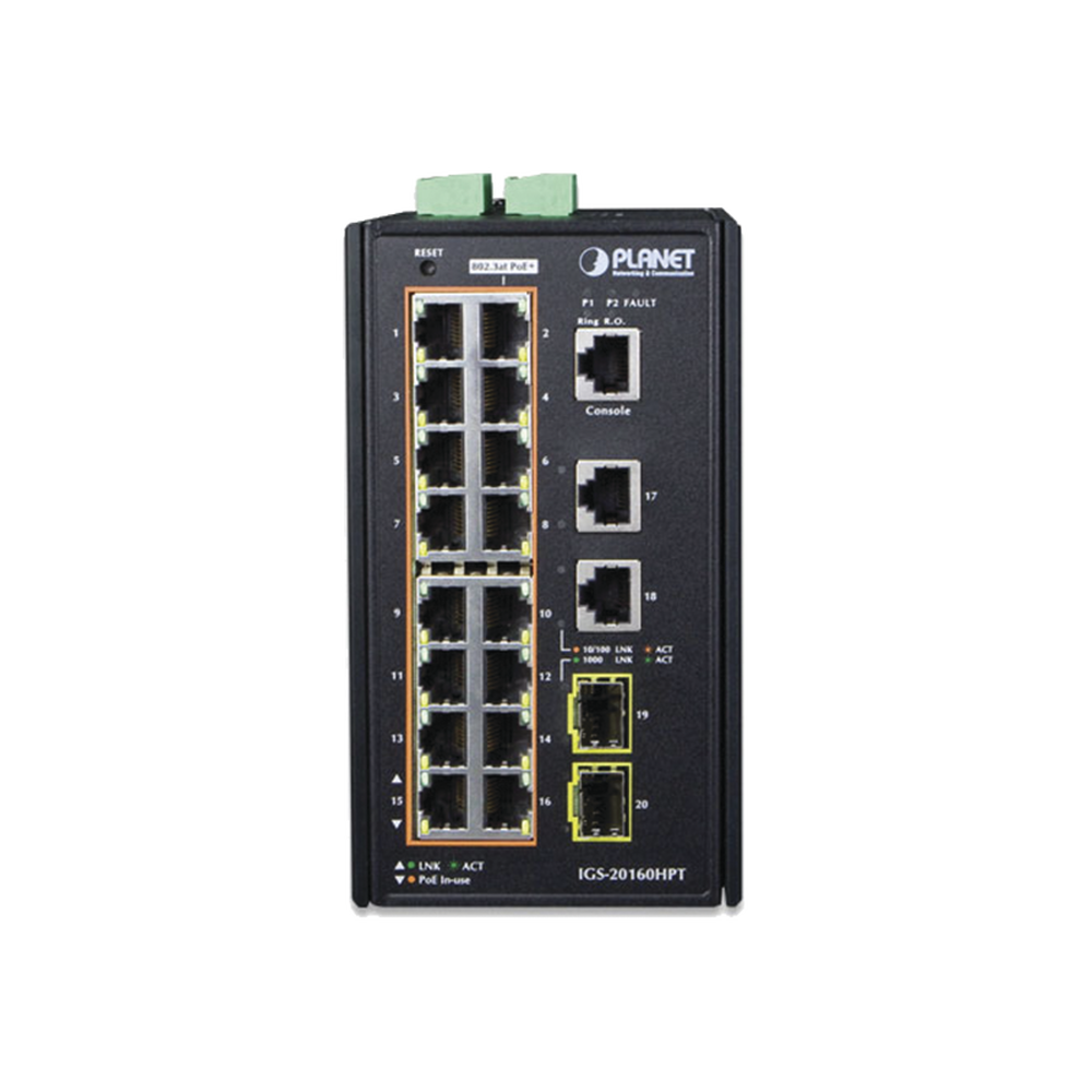 Switch Industrial Administrable 16 puertos 10/100/1000 T 802.3at PoE + 2 Puertos 10/100/1000 T + 2 puertos 100/1000 X SFP - Image 2