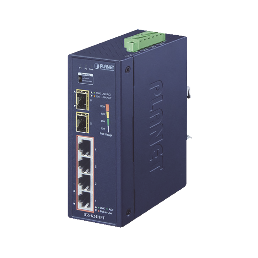 Switch PoE Industrial No Administrable de 4 Puertos PoE 10/100/1000T 802.3at, 2 Puertos SFP 10/1000X