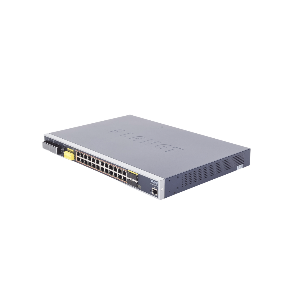 Switch PoE Industrial Capa 3, Con 24 Puertos PoE Gigabit 802.3af/at, 4 Puertos SFP Compartidos 100 / 1000X, Soporta temperaturas extremas de -40 ~ 75°C