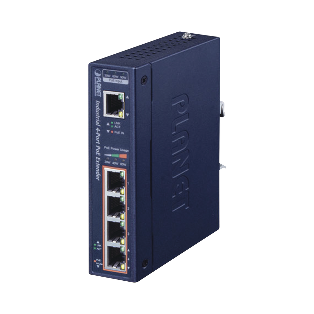 Extensor Industrial PoE, Entrada PoE 802.3 bt y 4 Puertos de Salida Gigabit 802.3 af/at