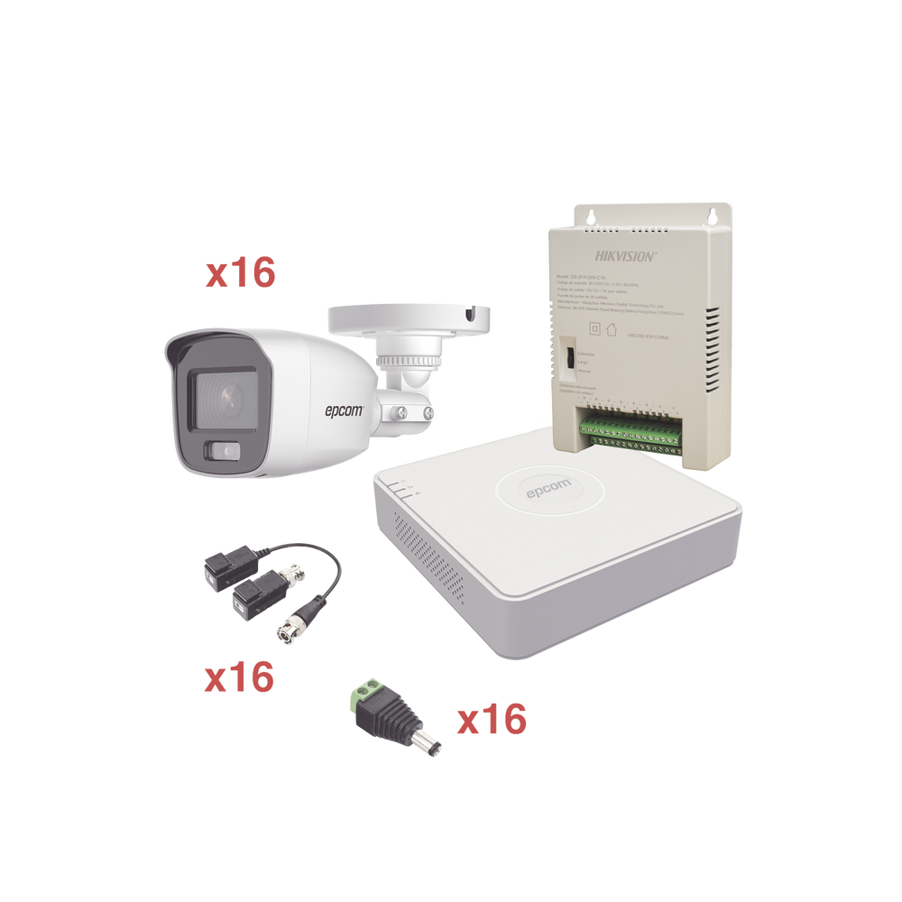 Kit TurboHD 1080p Lite / DVR 16 Canales / 16 Cámaras Bala Exterior ( 2.8mm) con ColorVu + Micrófono Integado / Transceptores / Conectores / Fuente de Poder Profesional