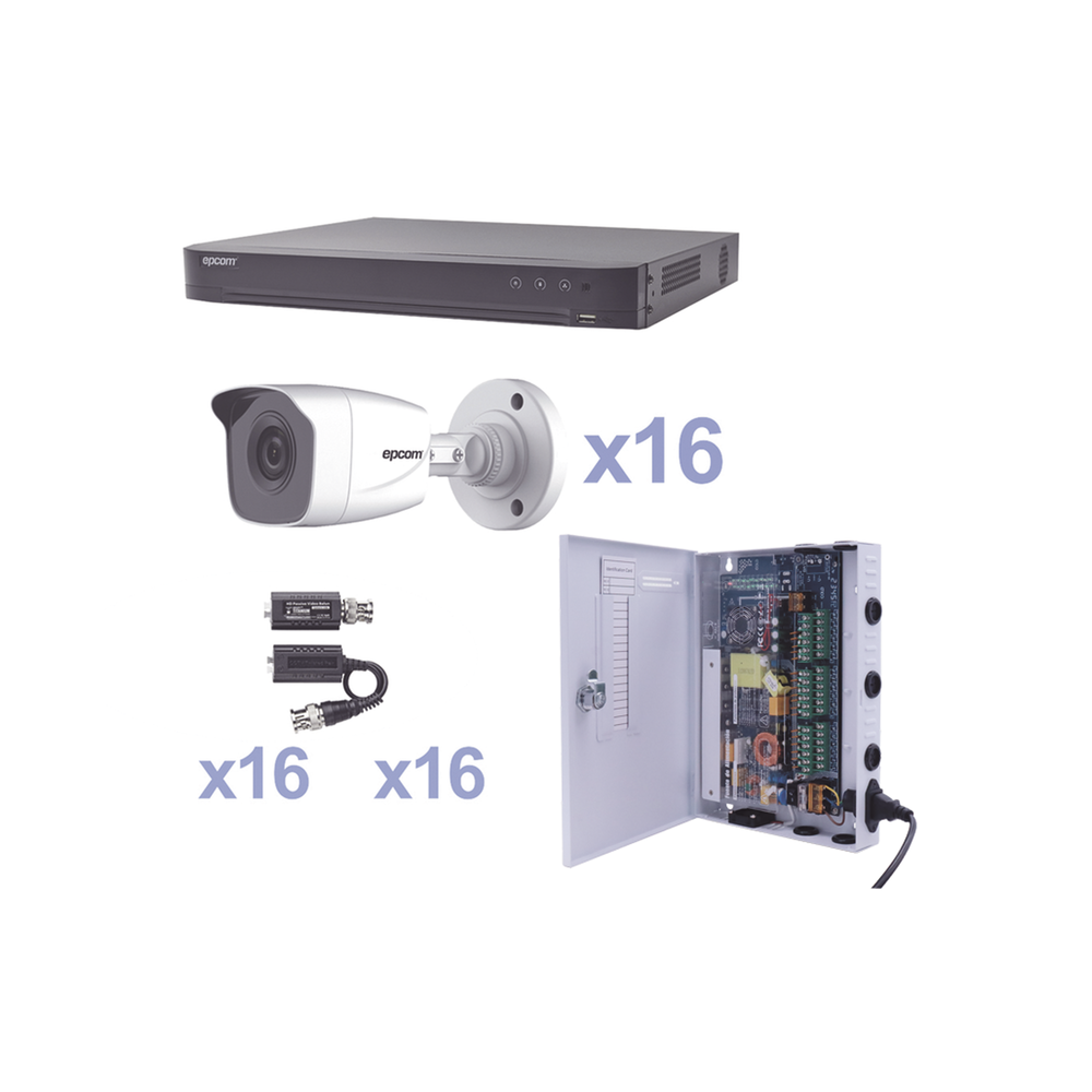 KIT TurboHD 1080p / DVR 16 Canales / 16 Cámaras Bala (exterior 2.8 mm) / Transceptores / Conectores / Fuente de Poder Profesional
