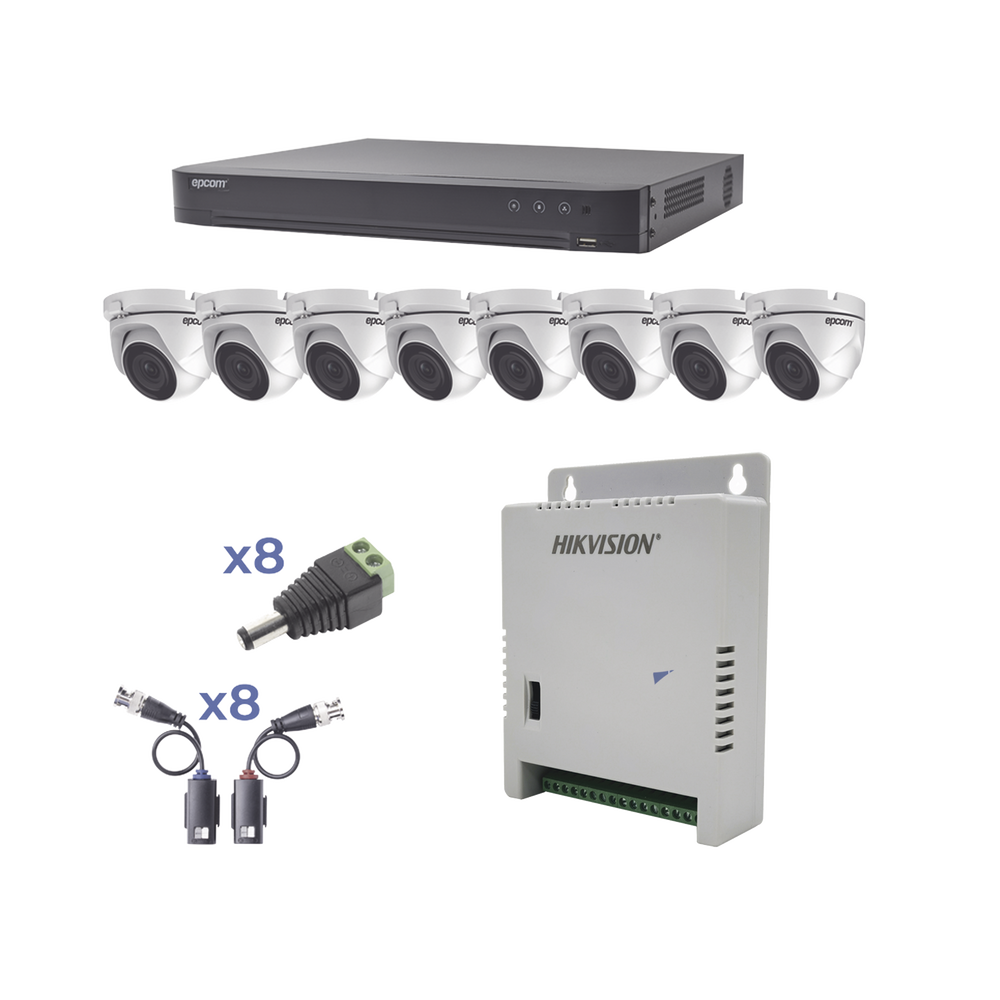 KIT TurboHD 1080p / DVR 8 Canales / 8 Cámaras Eyeball (exterior 2.8 mm) / Transceptores / Conectores / Fuente de Poder Profesional hasta 15 Vcc para Larga Distancia