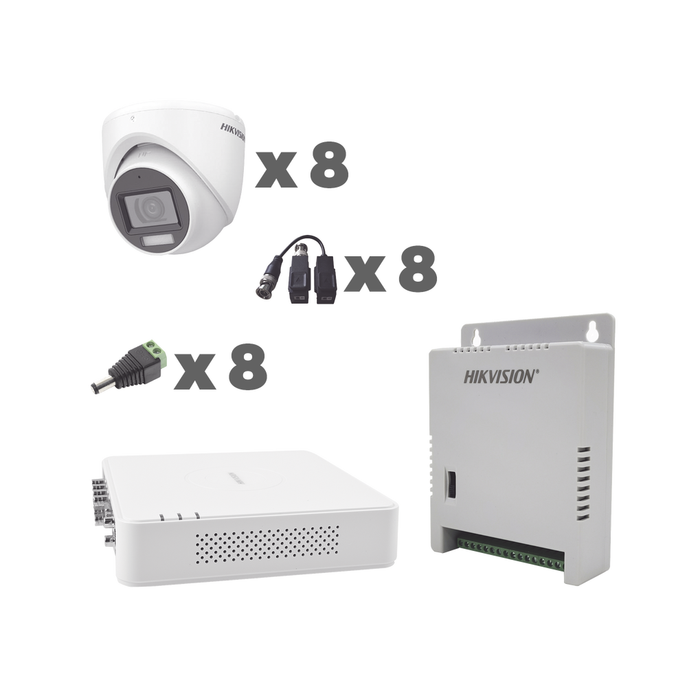 KIT TurboHD 1080p / DVR 8 Canales con audio por coaxitron / 8 Cámaras con Micrófono Integrado 101° Visión/  luz blanca + IR visión nocturna  / Transceptores / Conectores / Fuente de Poder Profesional