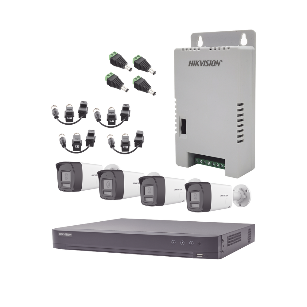 Kit Audio Bidireccional TurboHD 4K-3K / DVR 4 Canales 4K / 4 Cámaras Bala (Exterior) con Bocina y Microfóno Integrado 3K / 1 Fuentes de Poder / Accesorios
