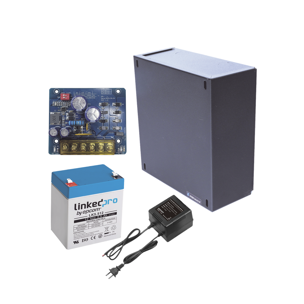 Kit con fuente PLB2 con salida de 12 Vcc a 1.5 Amper, incluye transformador y batería de 12 V a 5.5 Amper