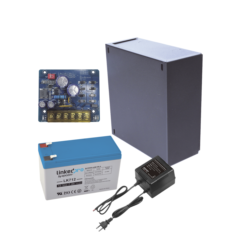 Kit con fuente PLB2 con salida de 12 Vcc a 2.5 Amper, incluye transformador y batería de 12 V a 7 Amper