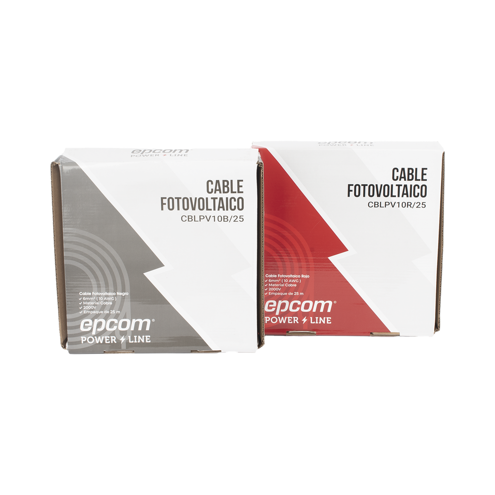 Kit de 2 rollos de 25 metros de cable fotovoltaico de cobre, rojo y negro, calibre 10 AWG (6mm²), Tipo PV,  1000/2000 V y 120°C.