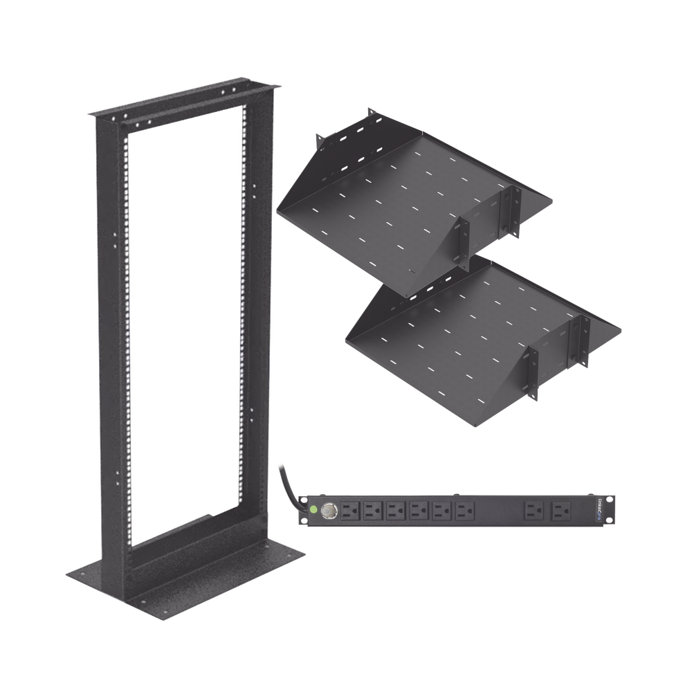 Kit de Rack Estándar 19", 24 UR con 2 Charolas  y PDU (8 tomas). Ideal para UPS y Servidores tipo Torre.