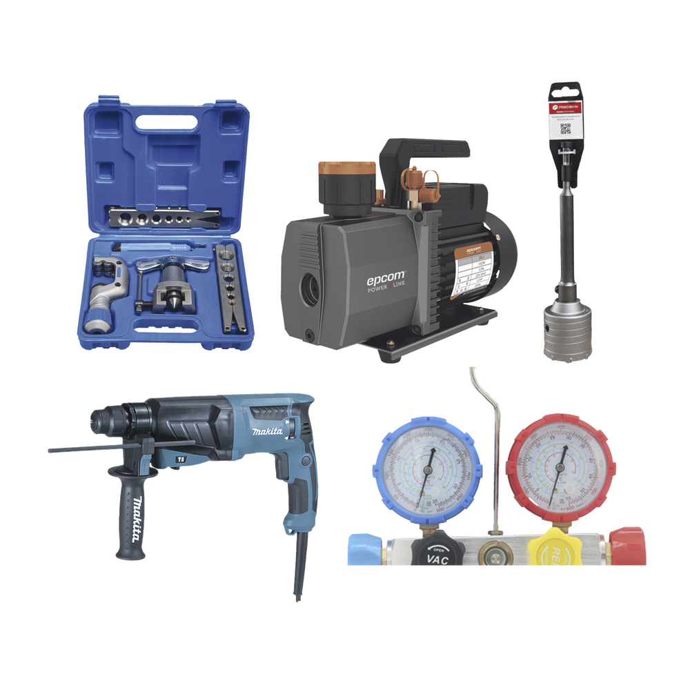 Kit profesional / Mini split / Bomba de vacío 2RS-2R-R32 / Manómetro HBSBZ6 / Kit Abocardado CT809 / Rotomartillo HR2630J / Broca PSTC02003