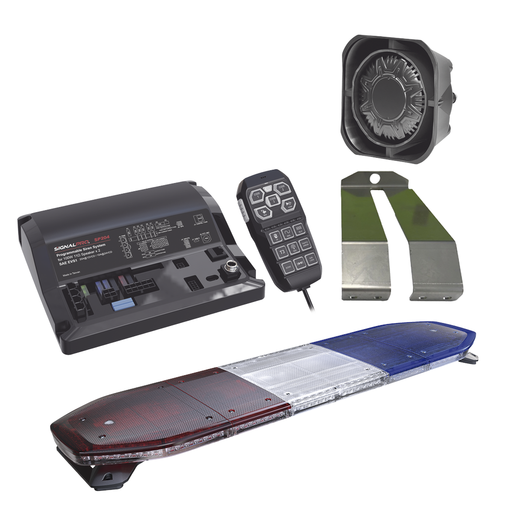 Kit de Sirena, Bocina y Torreta de 48", Con 216 LEDs, Dual Color, Frente: Rojo/Blanco, Azul/Blanco, Trasero: Rojo/Ámbar, Azul/Ámbar