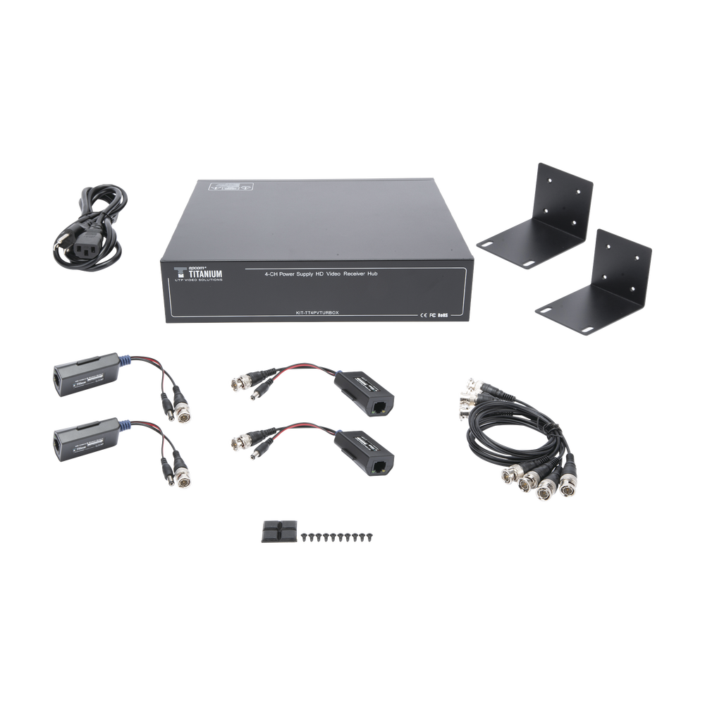 Kit de TRANSCEPTOR ACTIVO DE 4 CANALES / VIDEO+PODER en un solo Cable UTP / 150 metros en 4K, 200 metros en 5 MP/ Envía 36 Vcc y Recibe 12 Vcc / TODO INCLUIDO PARA RACK / Compatible con cámaras HD-TVI/CVI/AHD/CVBS / INSTALACIÓN LIMPIA
