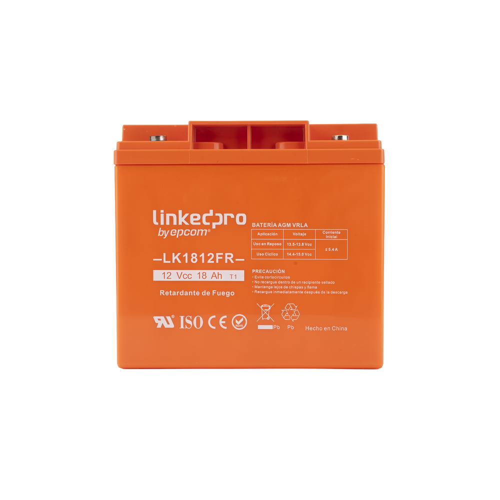 Batería 12 V / 18 Ah / UL / Tecnología AGM / Vida útil promedio de 5 años / Retardante a la Flama / Para uso en equipo electrónico, Alarmas de Intrusión / Incendio/ Control de acceso / Video Vigilancia / TermInale