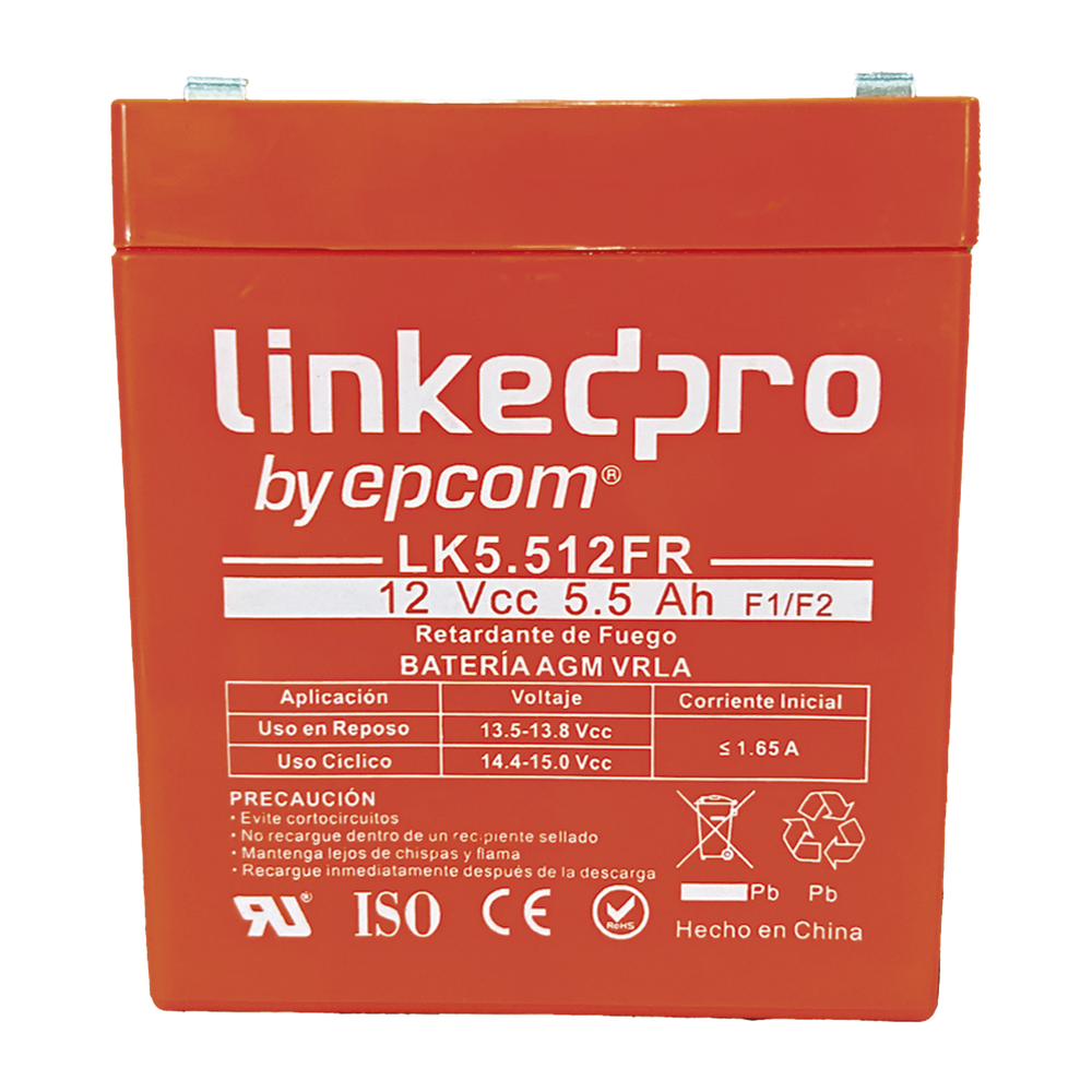Batería 12 V / 5.5 Ah / UL / Tecnología AGM / Vida útil promedio de 5 años / Retardante a la Flama / Para uso en equipo electrónico, Alarmas de Intrusión / Incendio/ Control de acceso / Video Vigilancia / Incluye