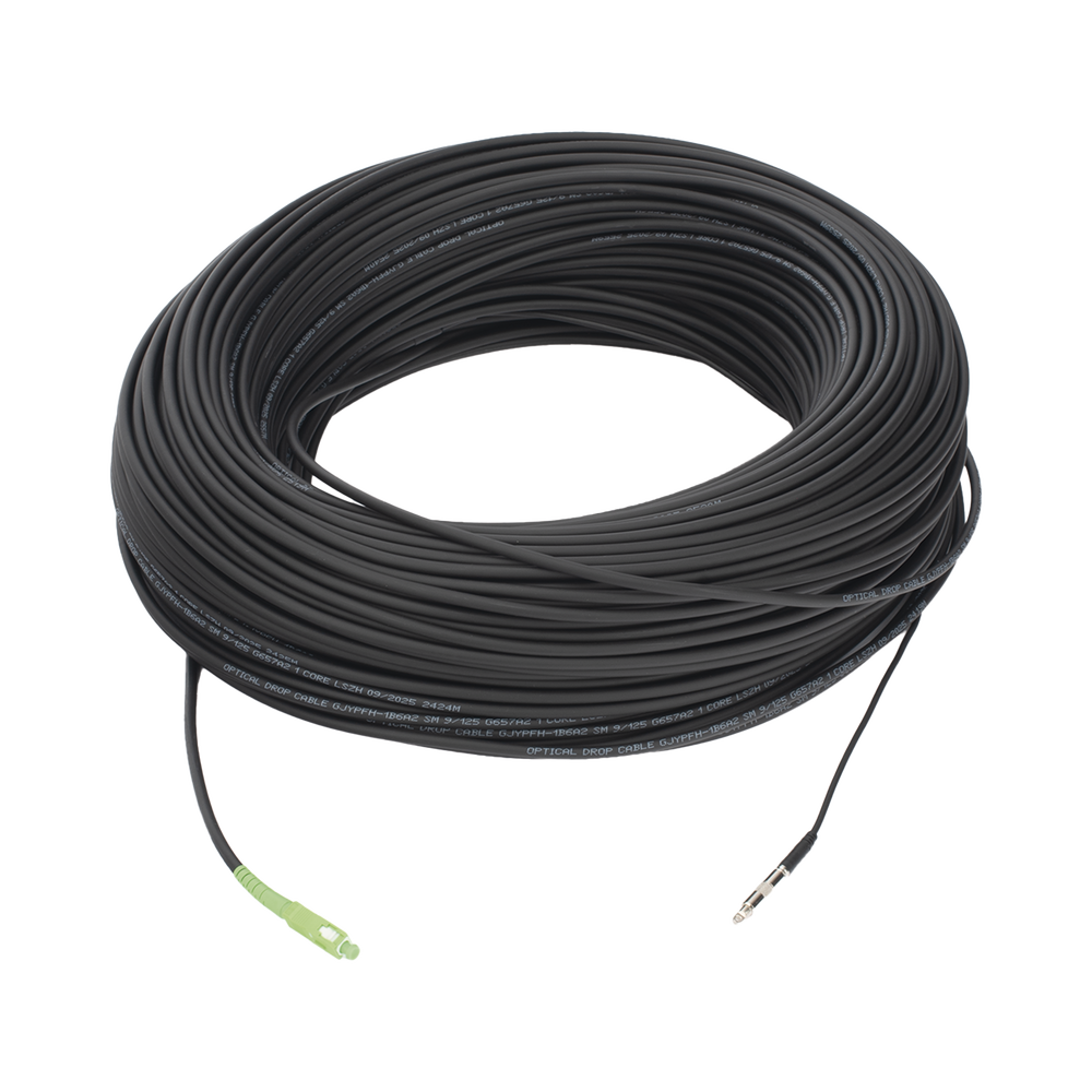 Rollo de Fibra Óptica Drop Redonda G657A2 Monomodo Simplex de 200 Metros con Conectores SC/APC-SC/APC para Instalaciones Aéreas, Subterráneas o a la Intemperie
