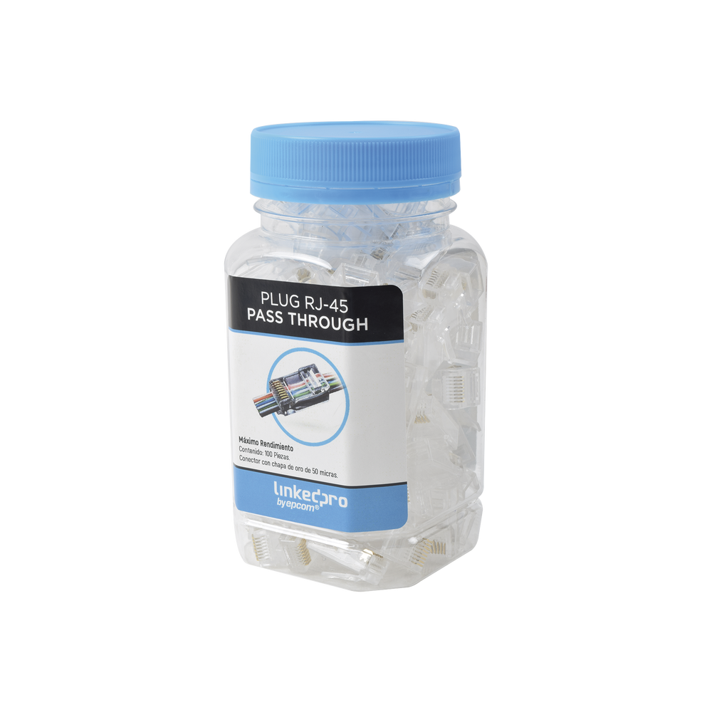 Bote con 100 Plugs Pass through RJ45 Cat6 sin blindaje, chapado de oro a 50 micras para durabilidad extrema