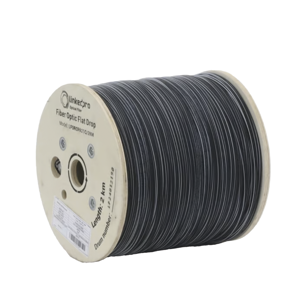 Carrete de 2 Kil?metros de Fibra ?ptica Drop Plana, Interior/Exterior G.657A2 Monomodo de 1 Hilo (Unifibra), Diel?ctrica, Forro Negro, Compatible con Conectores FASC, FASCUP, FASCLC