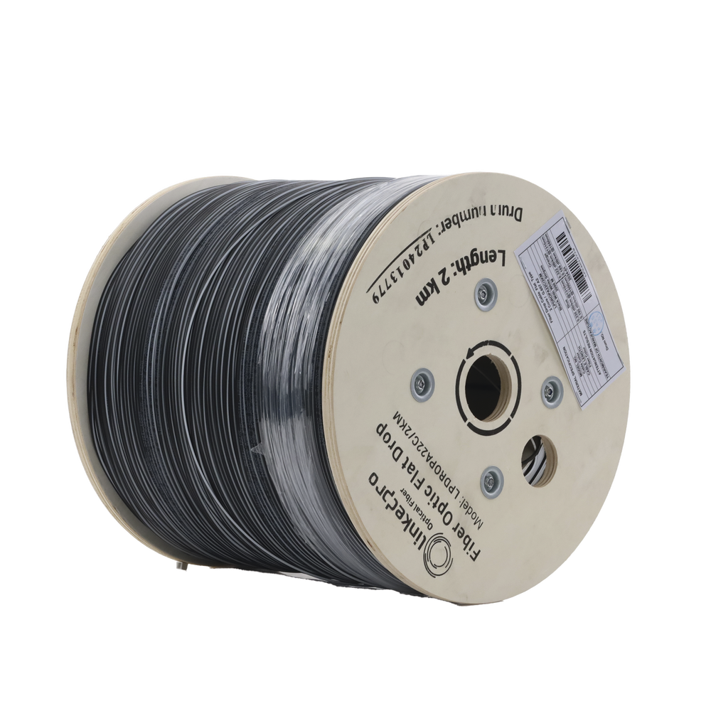 Carrete de 2 km de Fibra ?ptica Drop Plana, Interior/Exterior G.657A2 Monomodo de 2 Hilos (Bifibra), Diel?ctrica, Forro Negro, (No Soporta Conectores Mec?nicos)