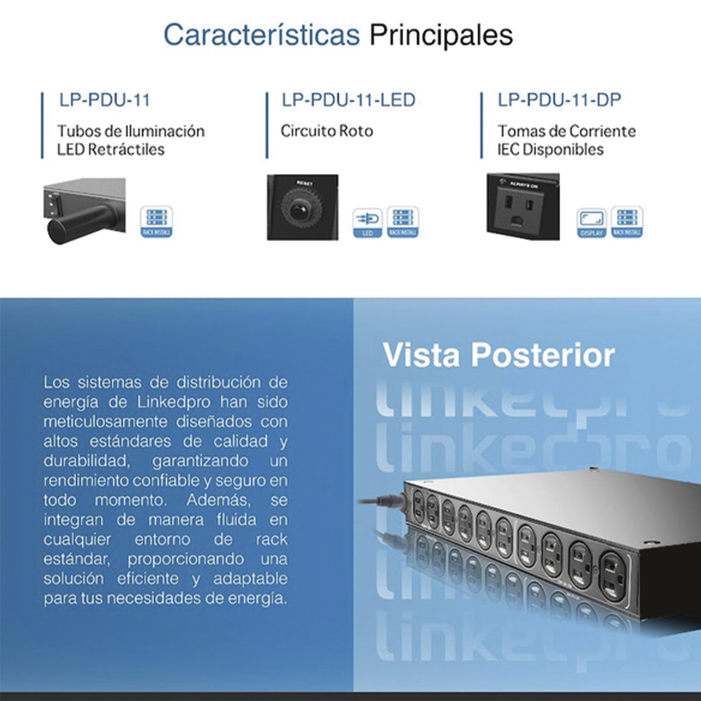 PDU para Distribución de Energía, Montaje en Rack, 11 salidas, Instalación Horizontal, de 19in, 1U, 15 Amp, 120 Vca, Con Indicador Led - Image 5
