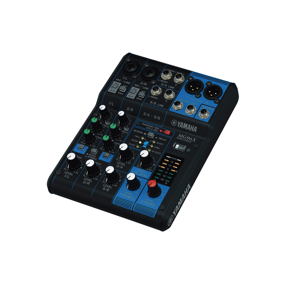 Mezcladora de Audio | 6 Canales | 2 entradas de micro/6 de línea (2 mono + 2 estéreo) | Efectos Integrados | Alimentación Phantom