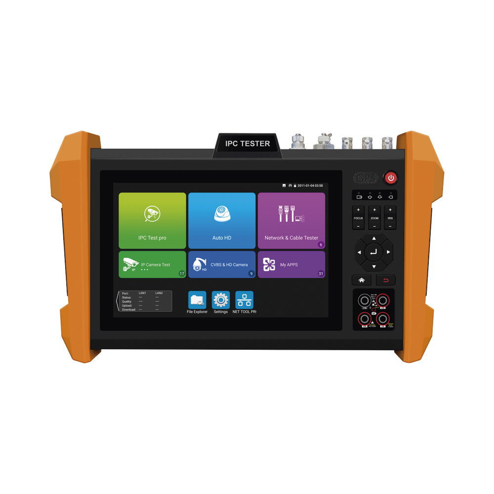 Probador de Vídeo con Pantalla LCD de 7" para IP ONVIF / 8MP TVI + 8MP CVI + 8MP AHD + SDI/EX???SDI + Multímetro + Cable TDR / Prueba de Red de Fibra Óptica + Medidor de Distancia Laser + Cámara Integrada