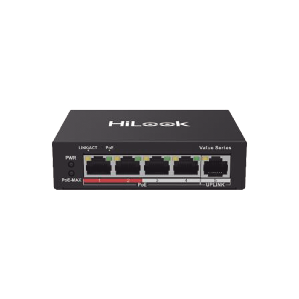 Switch PoE+ / 4 Puertos 10/100 Mbps PoE+ (af / at) / 1 Puerto 10/100 Mbps Uplink / Modo Extendido hasta 250 Metros / 35 Watts