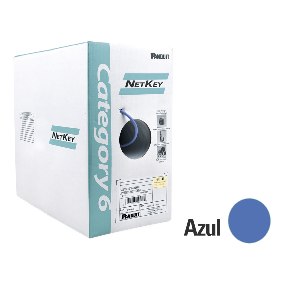 Bobina de Cable UTP 305 Metros (1000 Pies) de Cobre, NetKey, Azul, Categor?a 6 (24 AWG), 1000Mbps, Riser (CMR), de 4 Pares