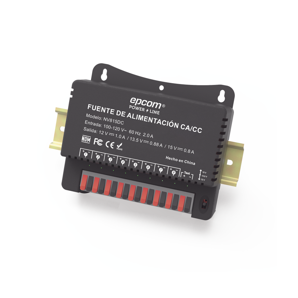 Fuente de Poder / Para 8 Cámaras / Ajustables a 12 o 13.5 o 15 Vcc / 8 Amperes / Instalación en Pared.