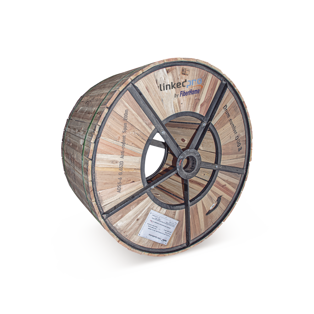 Carrete de 4 km de Fibra Óptica (ADSS) G.652D Armada Anti roedor, Dieléctrica, Monomodo 6 Hilos, Span 200 (Para instalaciones aéreas, en tubería o enterrado directo)