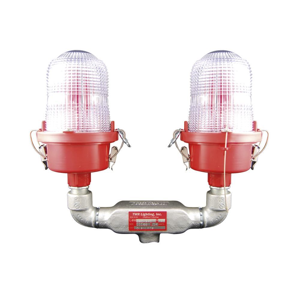 Luz de Obstáculo Doble Baja Intensidad FAA Tipo L-810 / LED Rojo e Infrarrojo / 120-240 VAC / Intensidad Efectiva 32.5 CD / IR 4mW/sr @ 850nm / Base Valox / Lente Acrílico Fresnel / Protección Corrosión