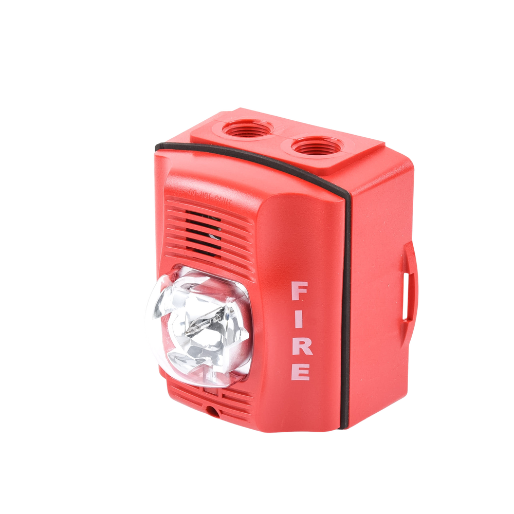 Sirena con Lámpara Estroboscópica / para Exterior / a 2 Hilos / Montaje en Pared / 12 o 24 Vcd / Configuración Estroboscópica Seleccionable / Texto en Inglés / Incluye Caja de Montaje / Color Rojo