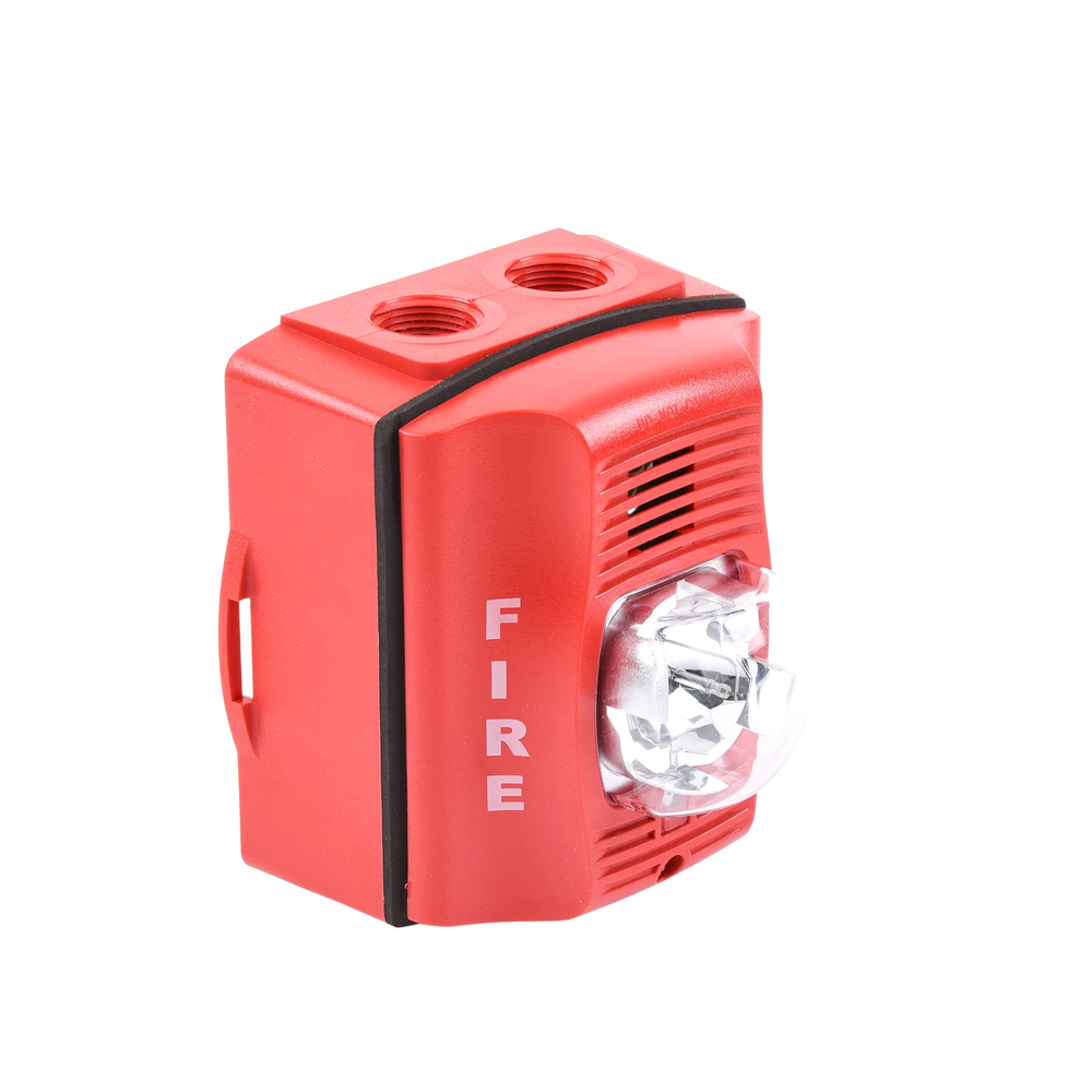 Sirena con Lámpara Estroboscópica / para Exterior / a 2 Hilos / Montaje en Pared / 12 o 24 Vcd / Configuración Estroboscópica Seleccionable / Texto en Inglés / Incluye Caja de Montaje / Color Rojo - Image 2