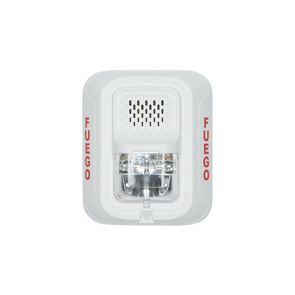 Sirena con Lámpara Estroboscópica a 2 Hilos, Montaje en Pared, Color Blanco, Configuración Estroboscópica Seleccionable y Texto en Español, Nuevo Diseño Moderno y Elegante y Menor Consumo de Corriente