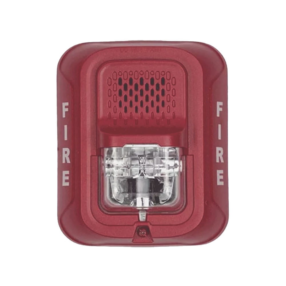 Sirena con Lámpara Estroboscópica / 4 Hilos / Montaje en Pared / 12 o 24 Vcd / Configuración Estroboscópica Seleccionable / Texto en Inglés / Color Rojo