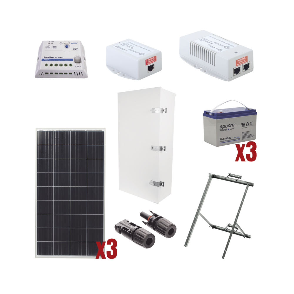 Kit Solar de 35 W con PoE 802.3af y PoE Pasivo 24 Vcc para una Cámara IP y un Radio Ubiquiti airMAX o Cambium ePMP.